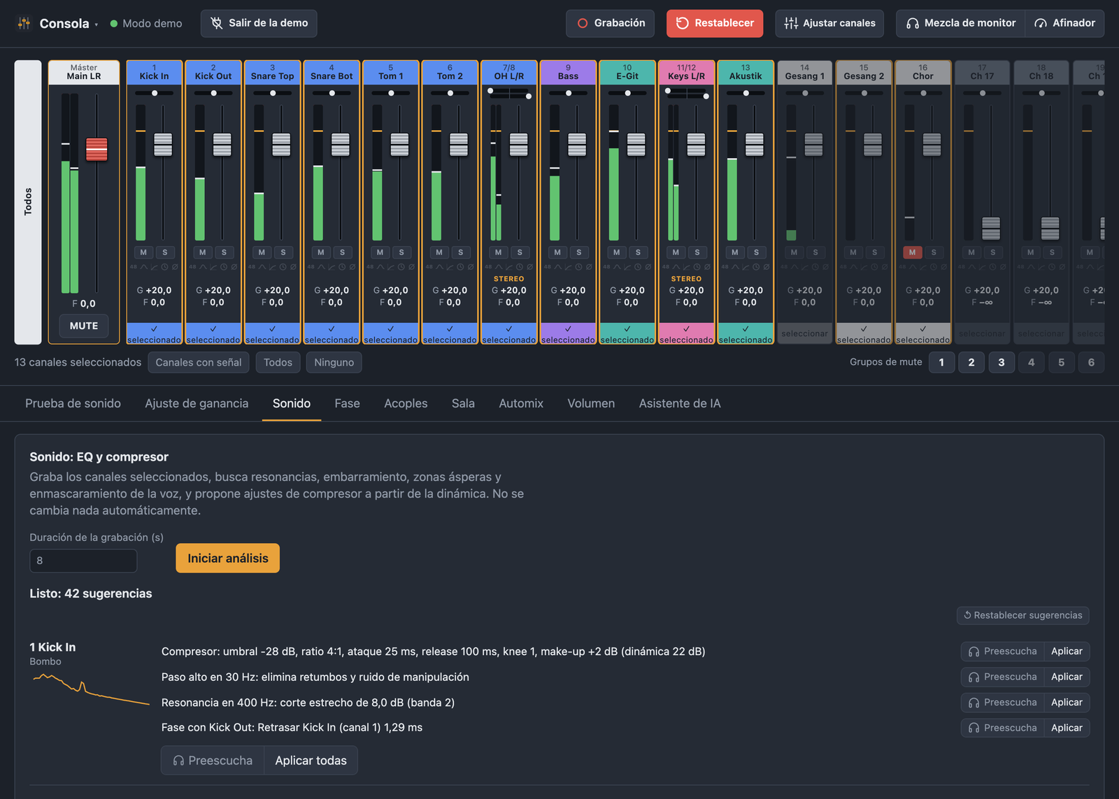 Pestaña Sonido con el resultado del análisis y sugerencias por canal