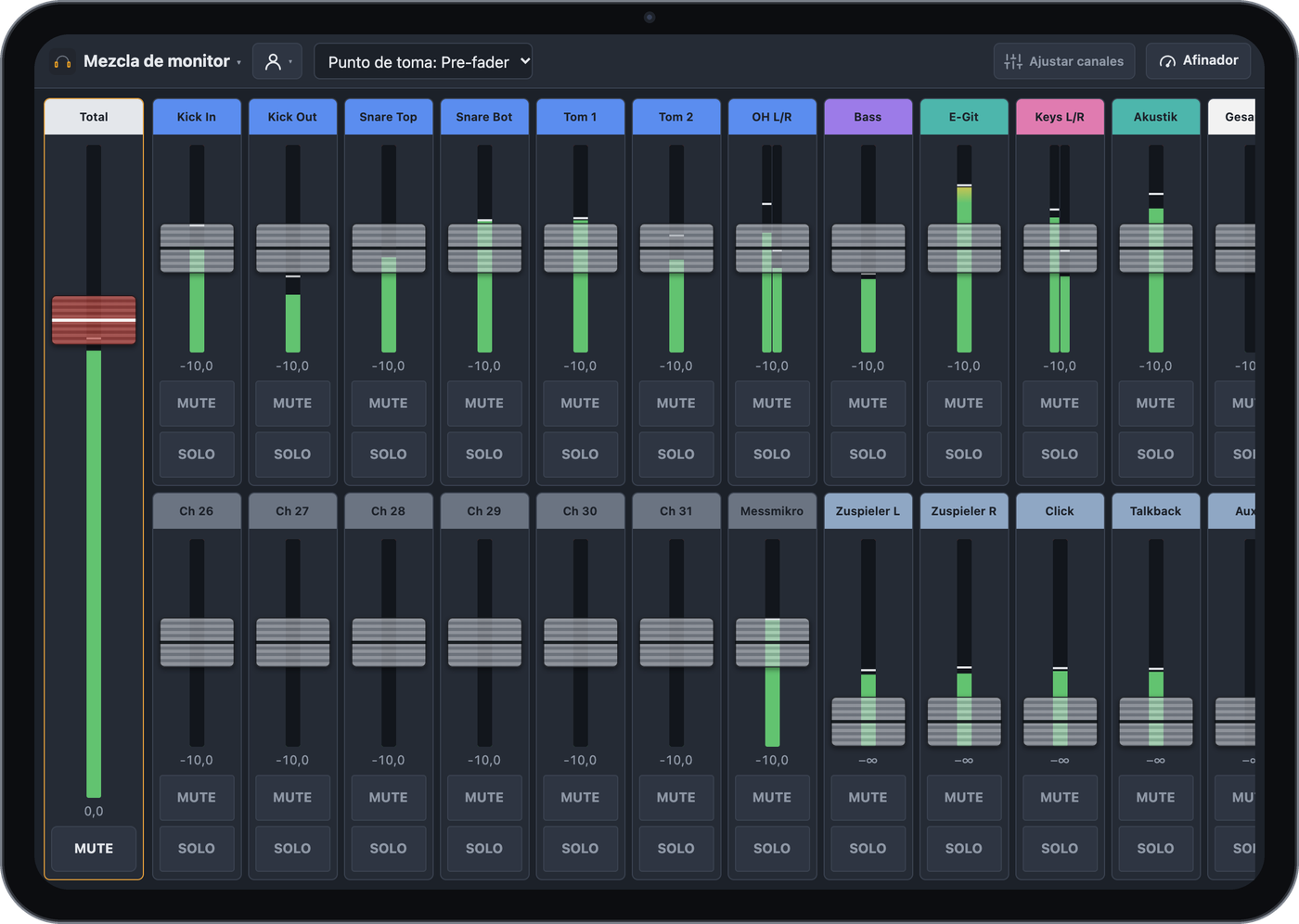 Mezcla de monitor en un iPad: volumen total y faders grandes por canal con MUTE y SOLO