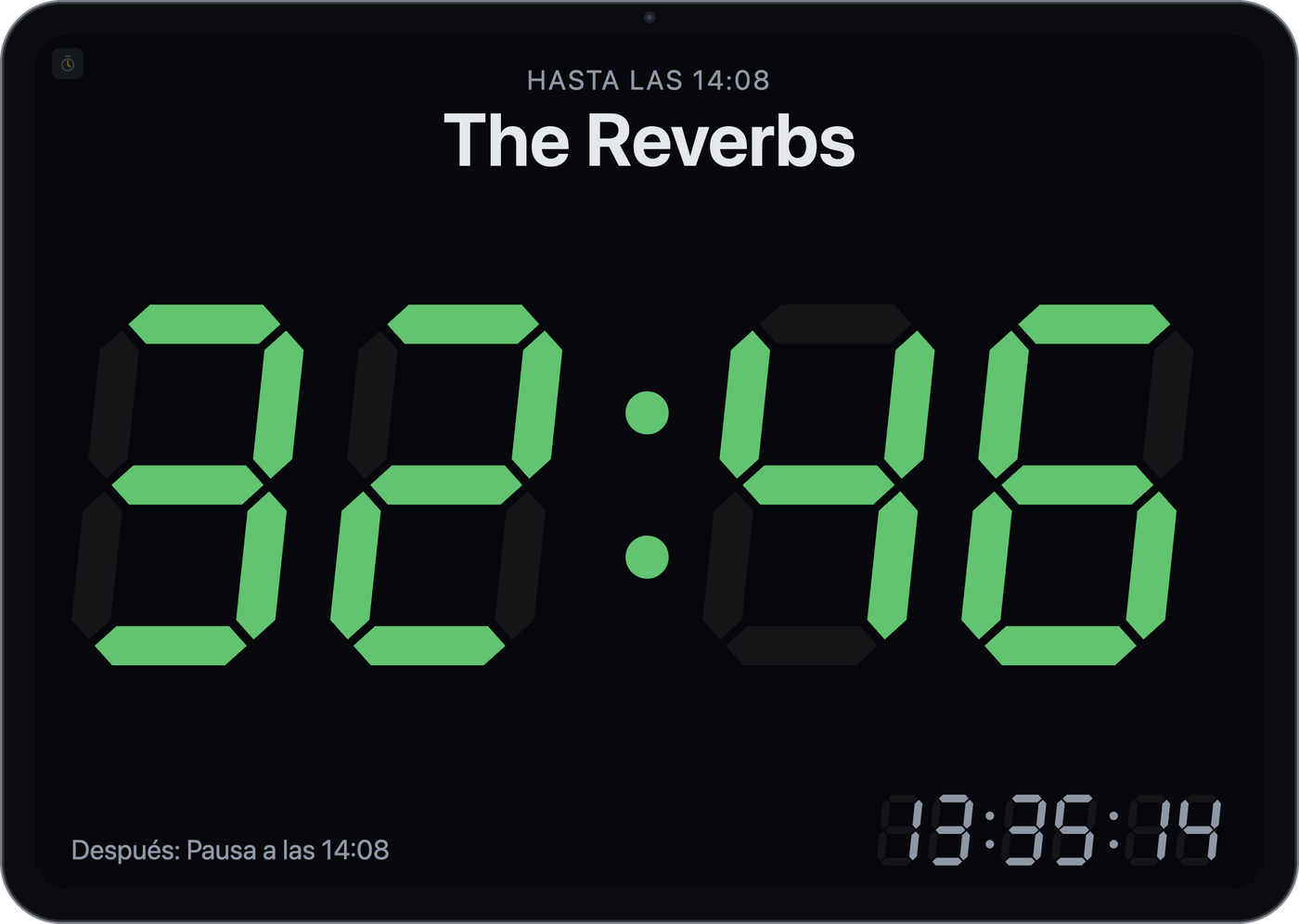 Ventana del temporizador: tiempo restante de «The Reverbs» en un display verde de 7 segmentos, encima la hora de fin, abajo la siguiente franja y la hora