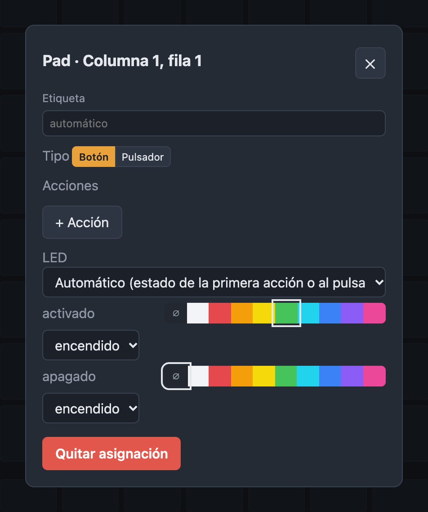 Diálogo para asignar un botón con etiqueta, tipo, acciones y LED