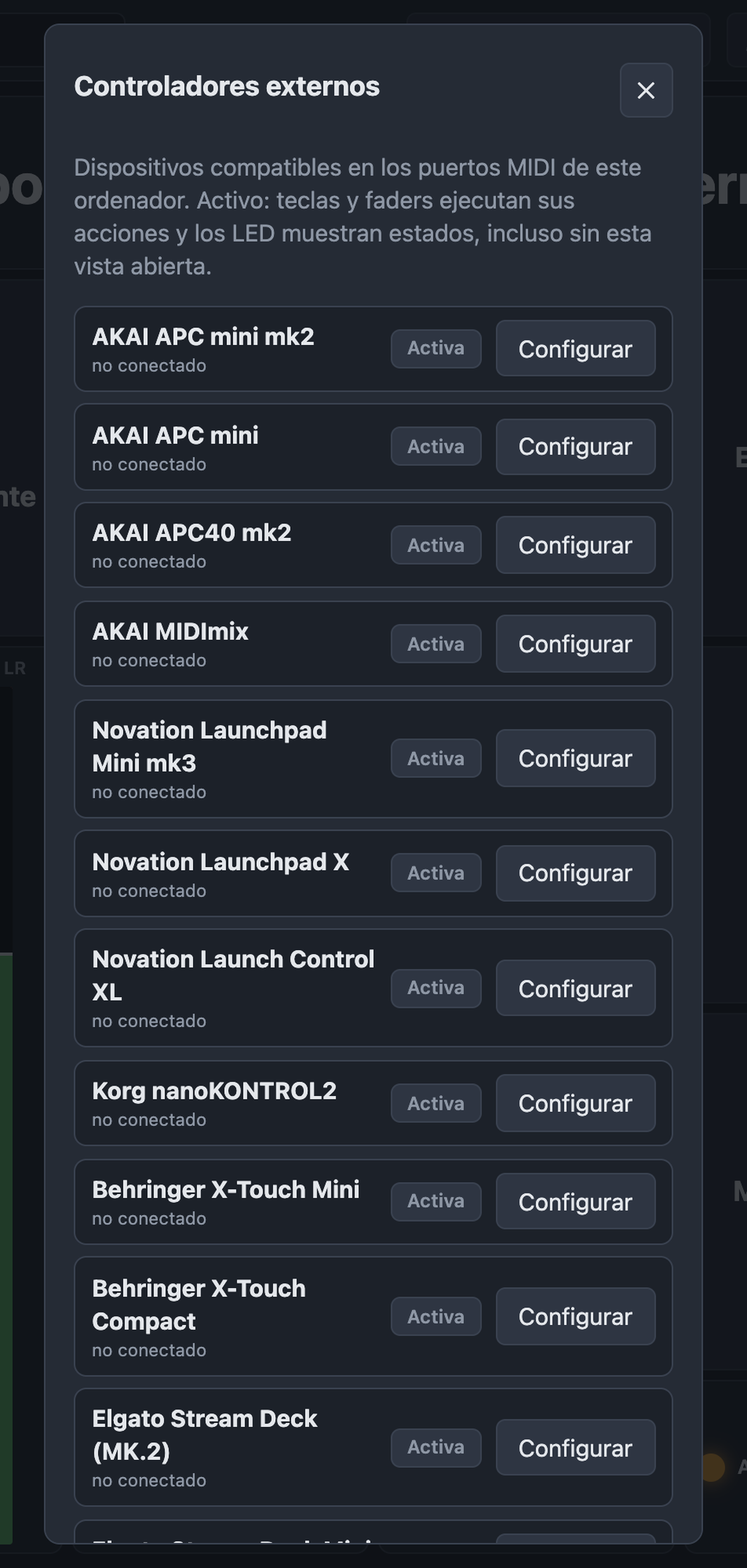 Diálogo Controladores externos con lista de dispositivos, estado, Activa y Configurar