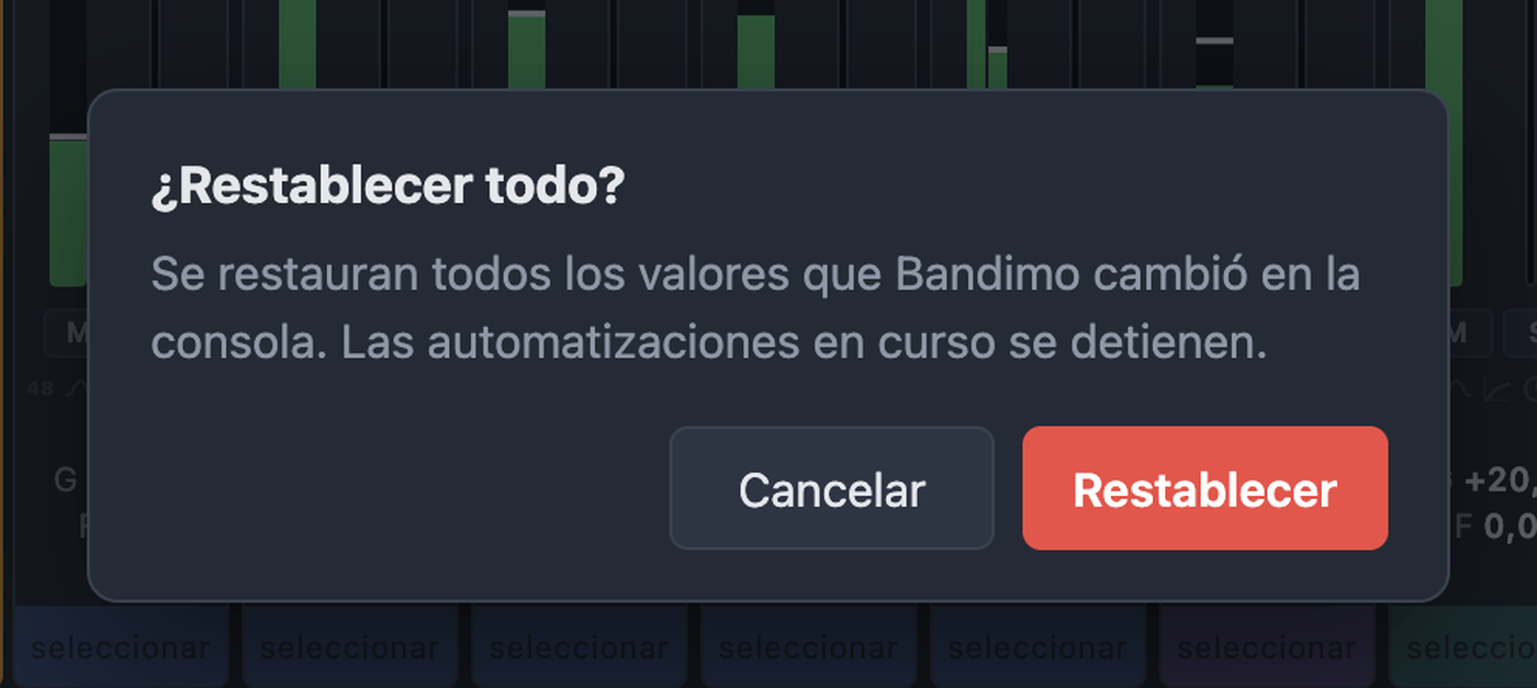 Confirmación Restablecer todo con Cancelar y Restablecer