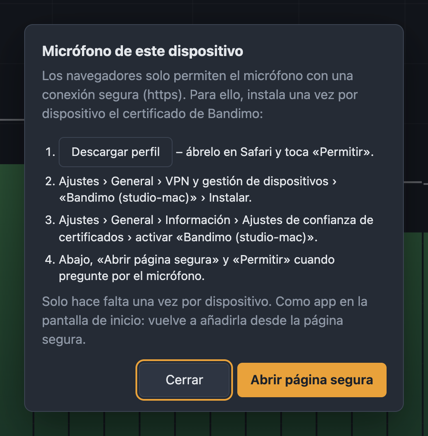Diálogo Micrófono de este dispositivo con los pasos para instalar el certificado