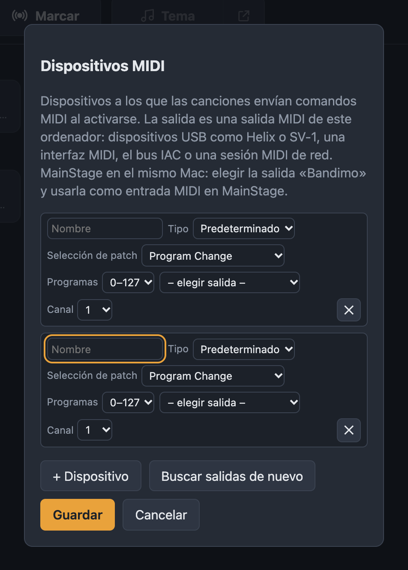 Diálogo Dispositivos MIDI con nombre, tipo, selección de patch, salida y canal