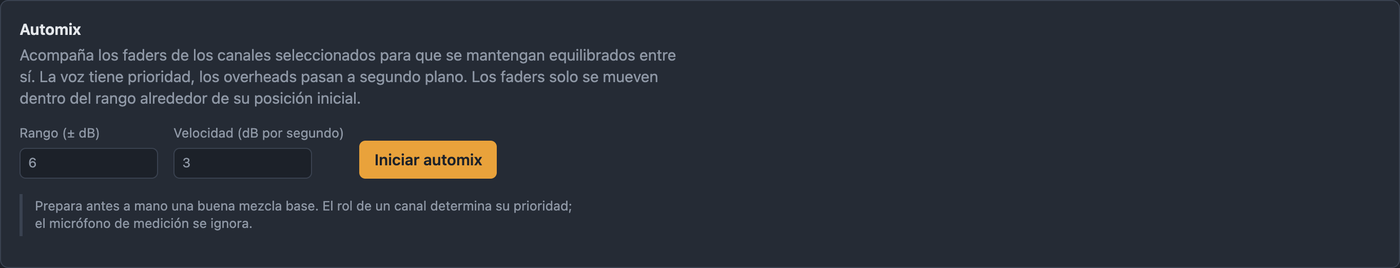 Pestaña Automix con rango y velocidad