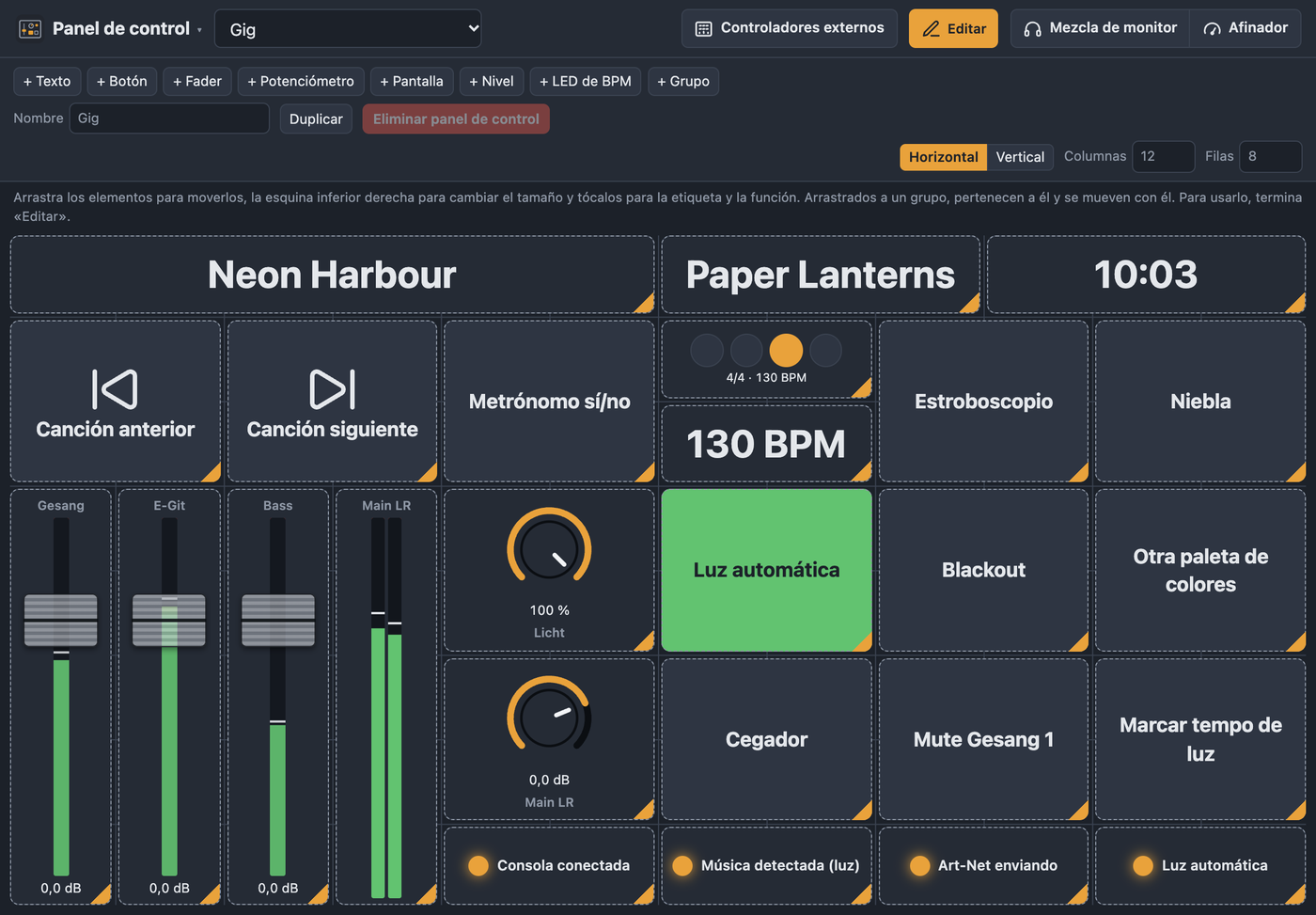 Panel de control en modo de edición con la barra para añadir elementos