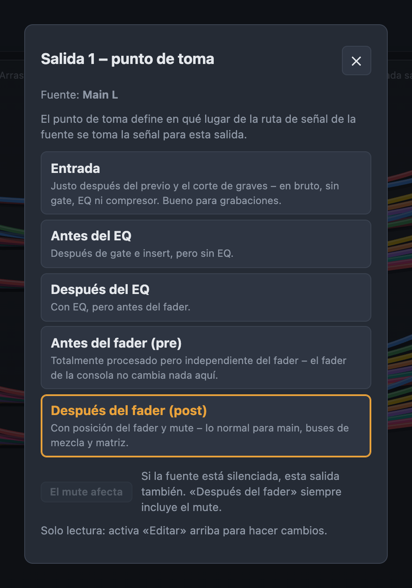 Diálogo Punto de toma con explicación de entrada, antes y después del EQ, antes y después del fader, y El mute afecta