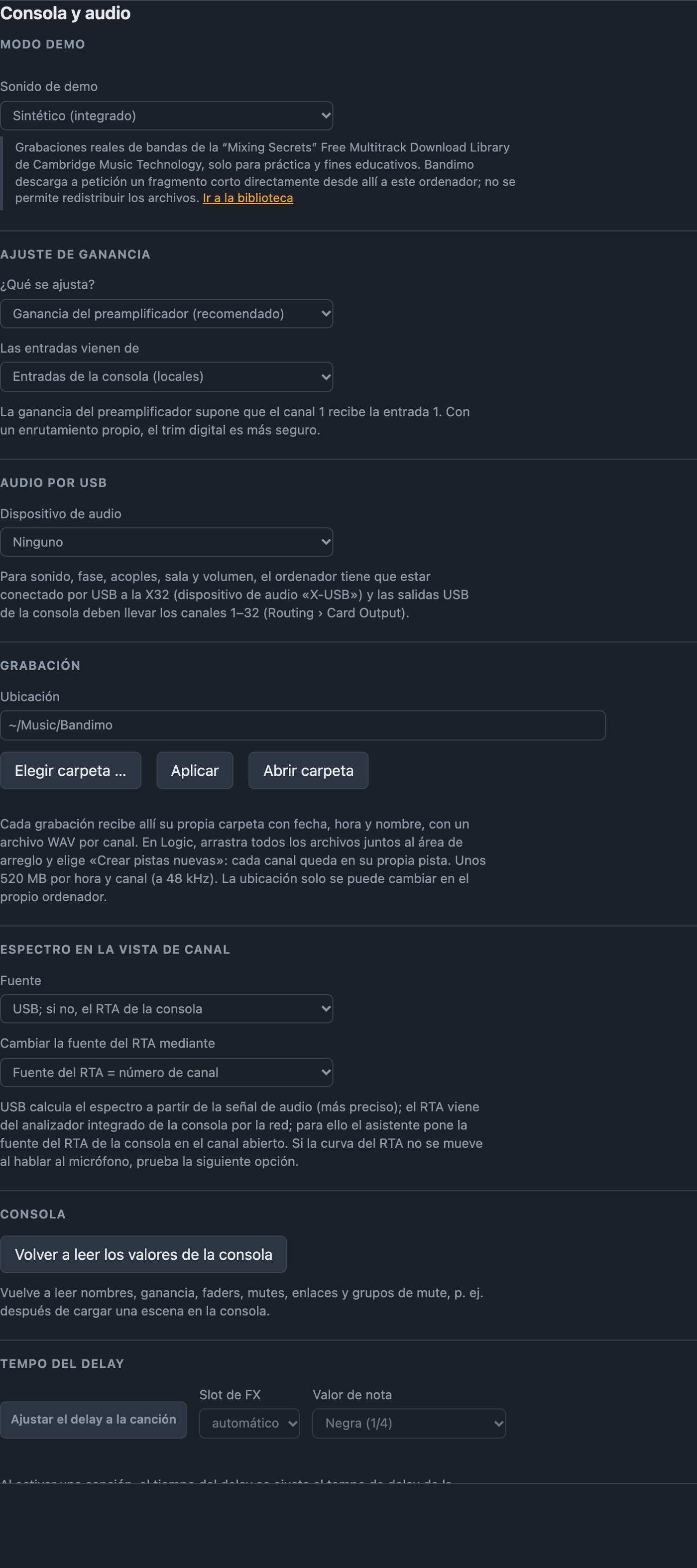 Ajustes Consola y audio