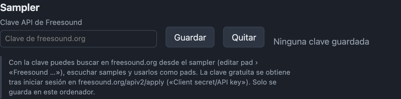 Ajustes Sampler con clave API de Freesound