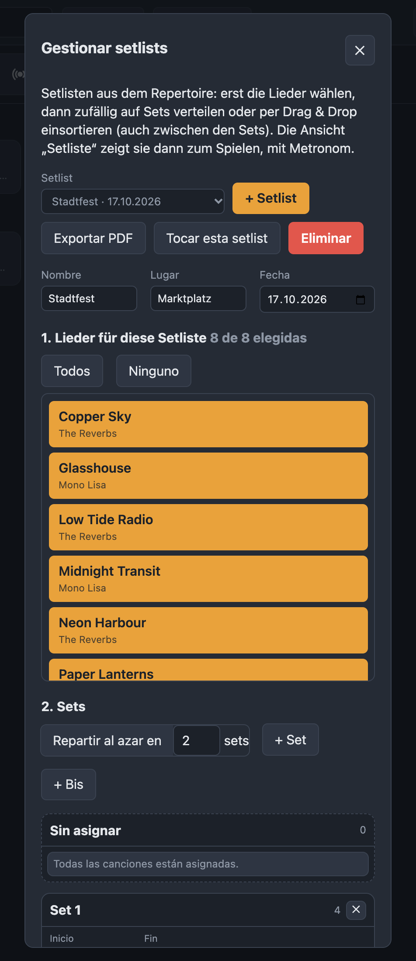 Gestionar setlists con selección de canciones, sets y salida del metrónomo