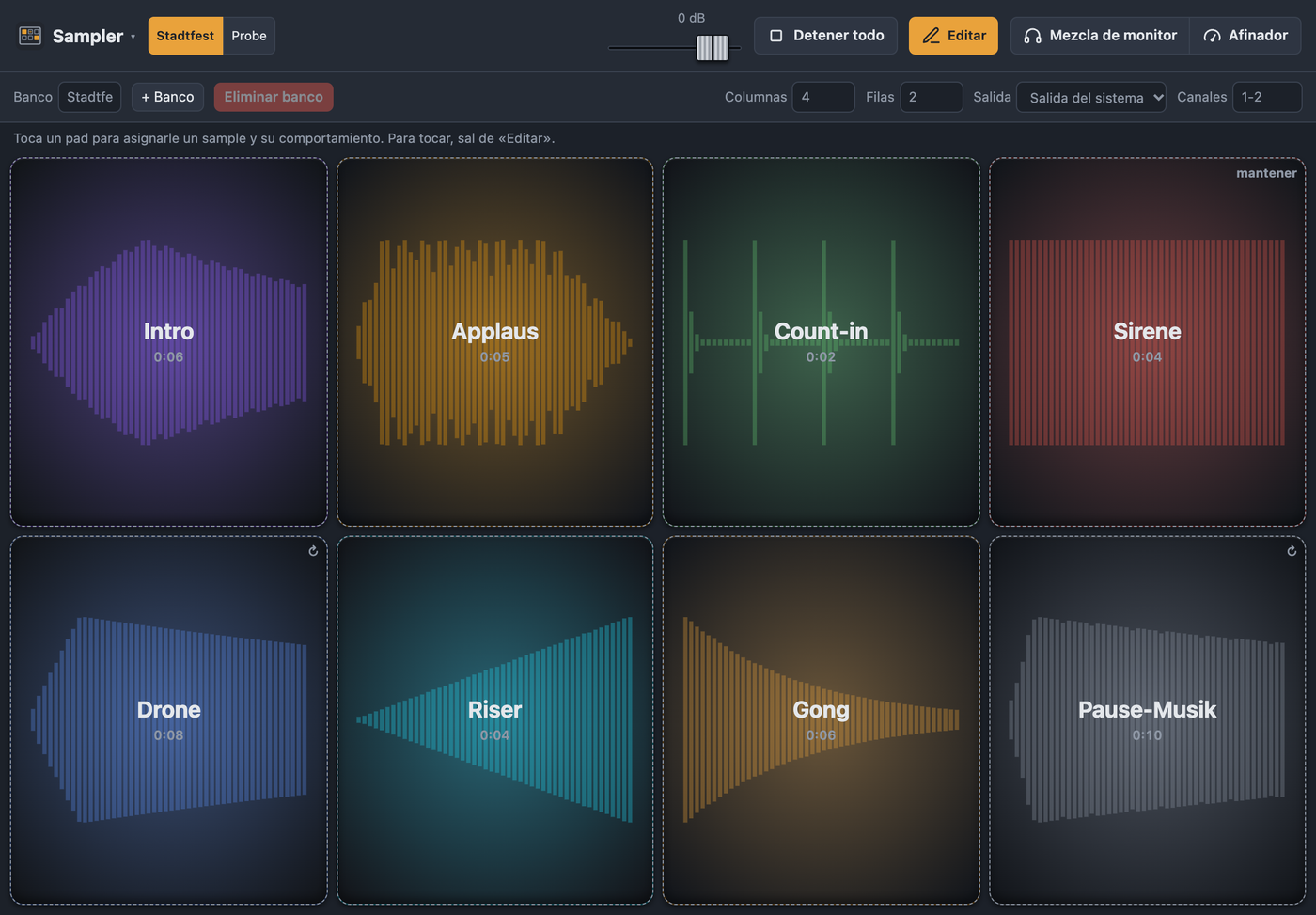 Sampler en modo de edición con banco, cuadrícula y salida