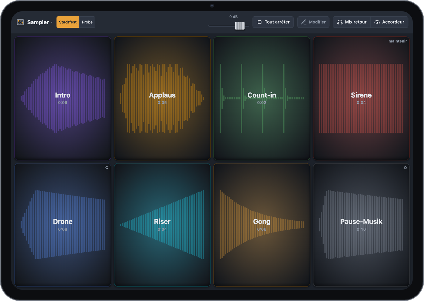 Sampler sur un iPad avec des pads de couleur
