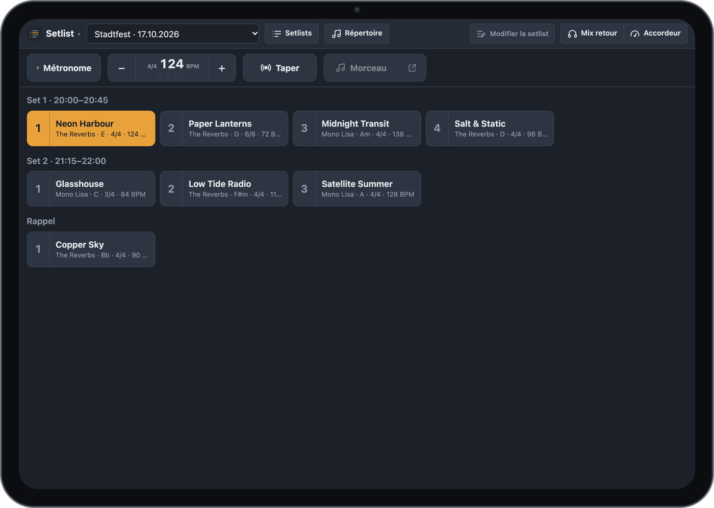 Vue Setlist sur un iPad