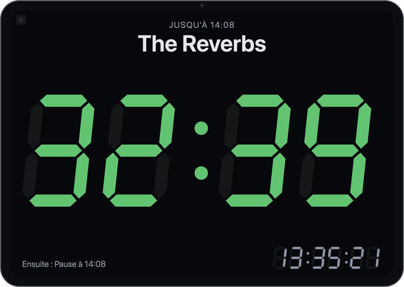 Fenêtre du minuteur : temps restant pour « The Reverbs » en affichage 7 segments vert, au-dessus l’heure de fin, en dessous le créneau suivant et l’heure