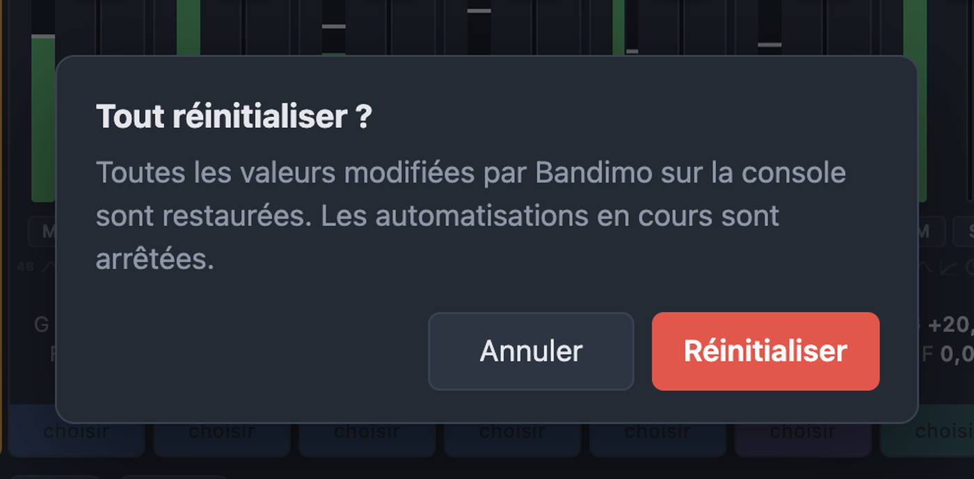 Confirmation « Tout réinitialiser » avec Annuler et Réinitialiser