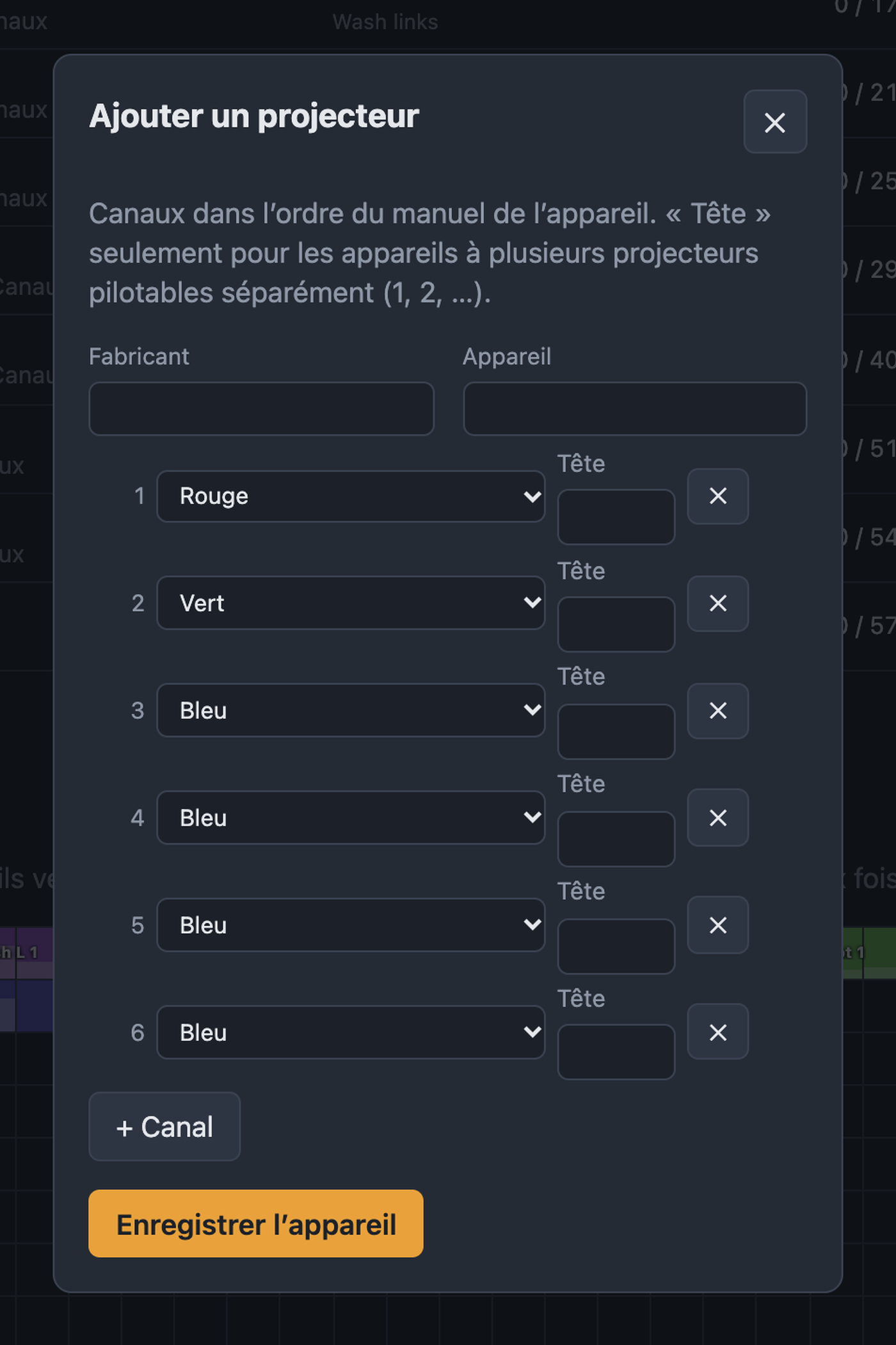 Créer un appareil personnalisé avec fabricant, appareil et liste des canaux