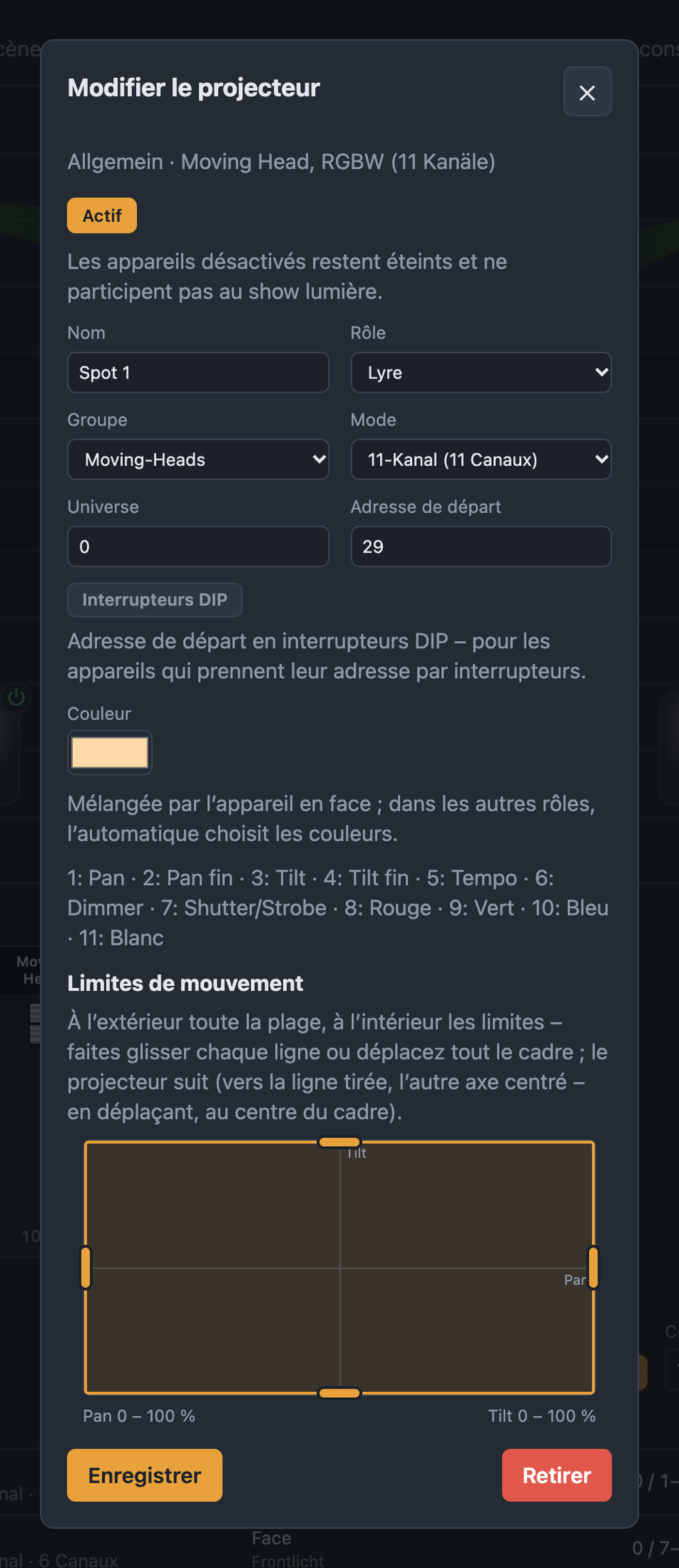 Formulaire d’une lyre avec nom, rôle, groupe, mode, univers, adresse de départ, couleur et limites de mouvement