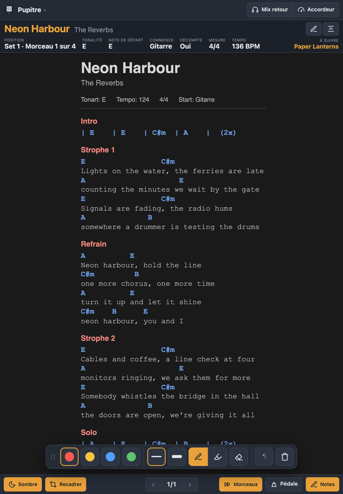 Pupitre avec barre d’outils pour les notes : couleurs, épaisseur du trait, stylo et surligneur, gomme, annuler, vider la page