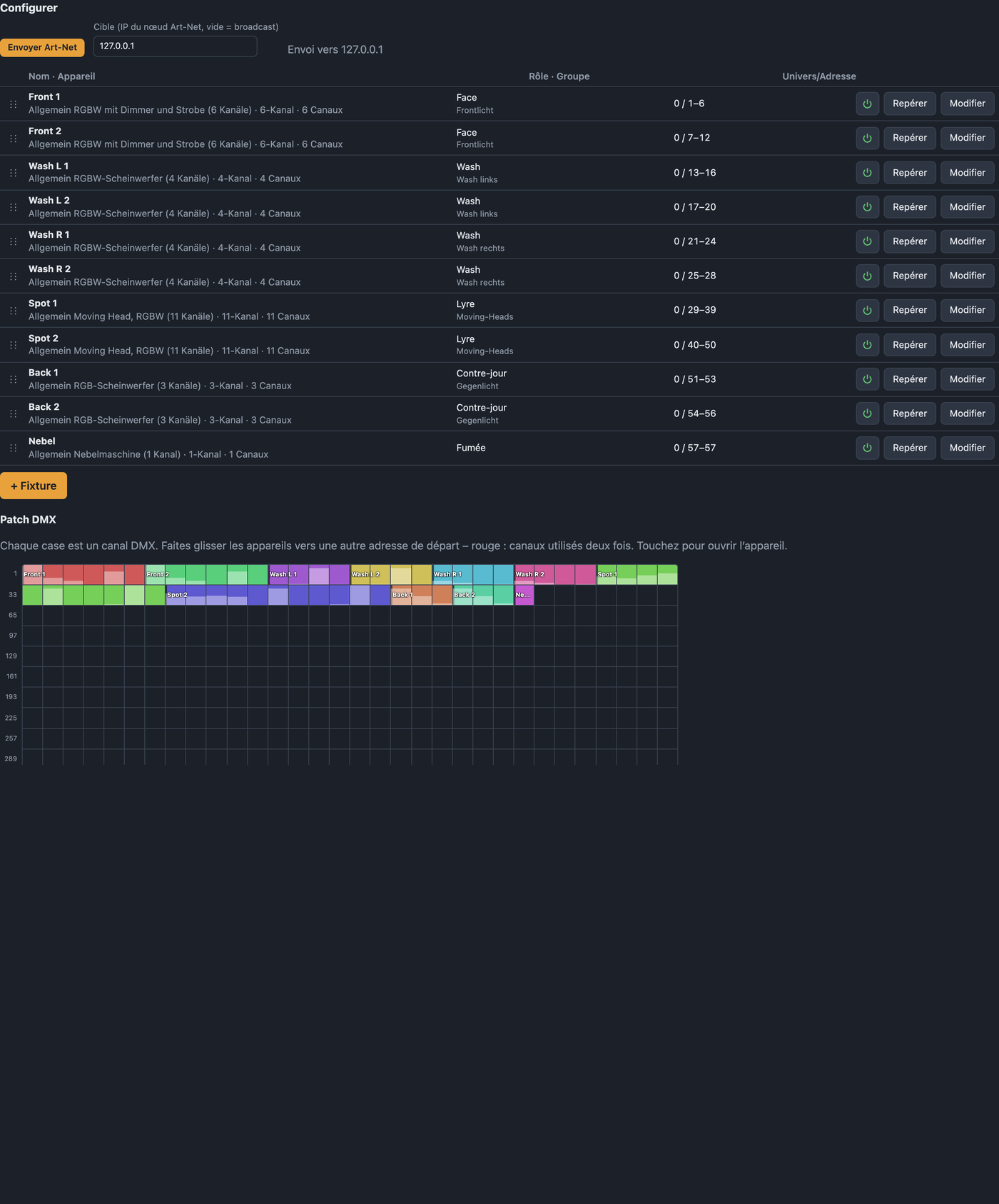 Rubrique Configurer avec Art-Net, liste des appareils, patch DMX et groupes
