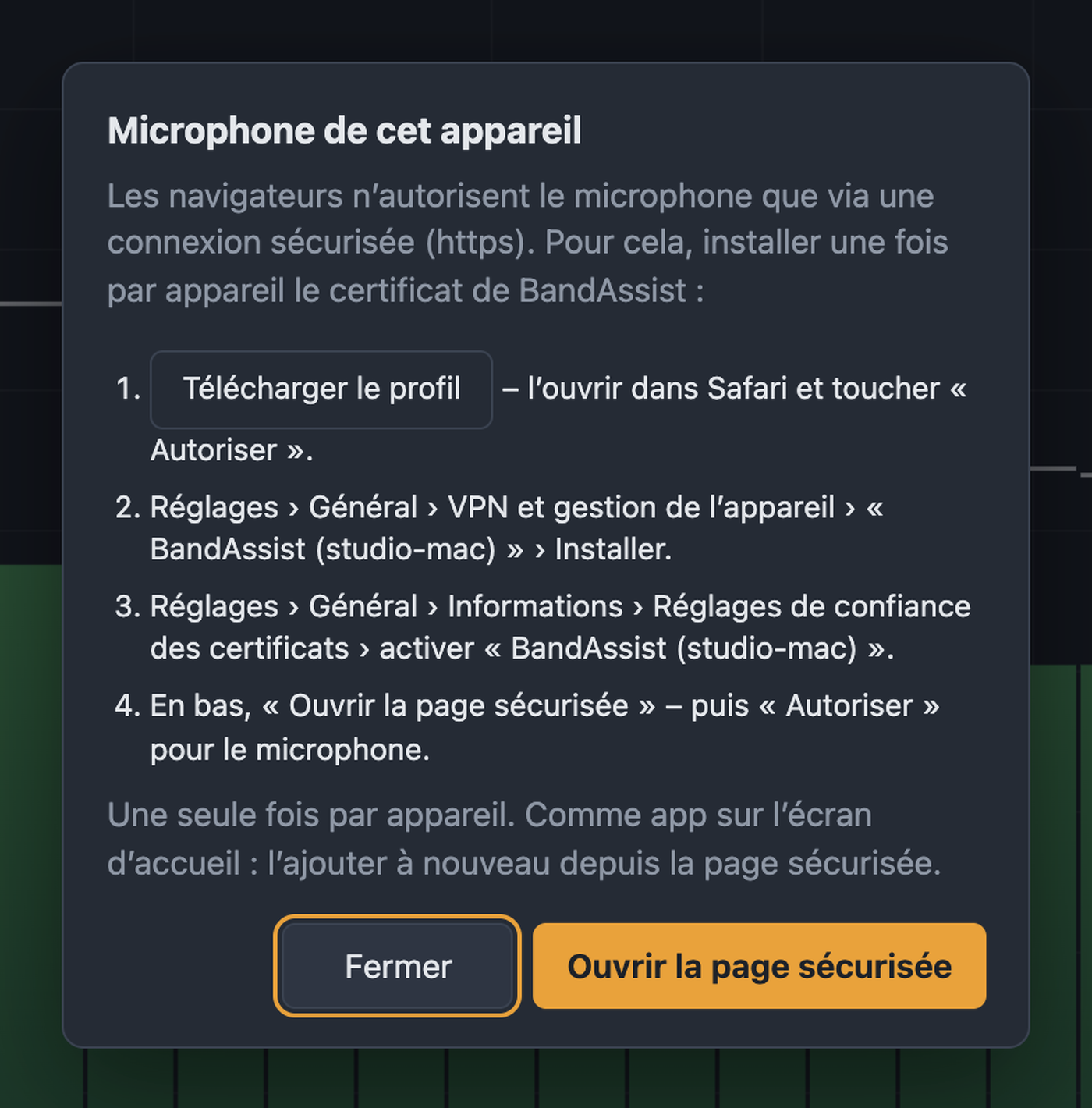 Dialogue Microphone de cet appareil avec les étapes d’installation du certificat