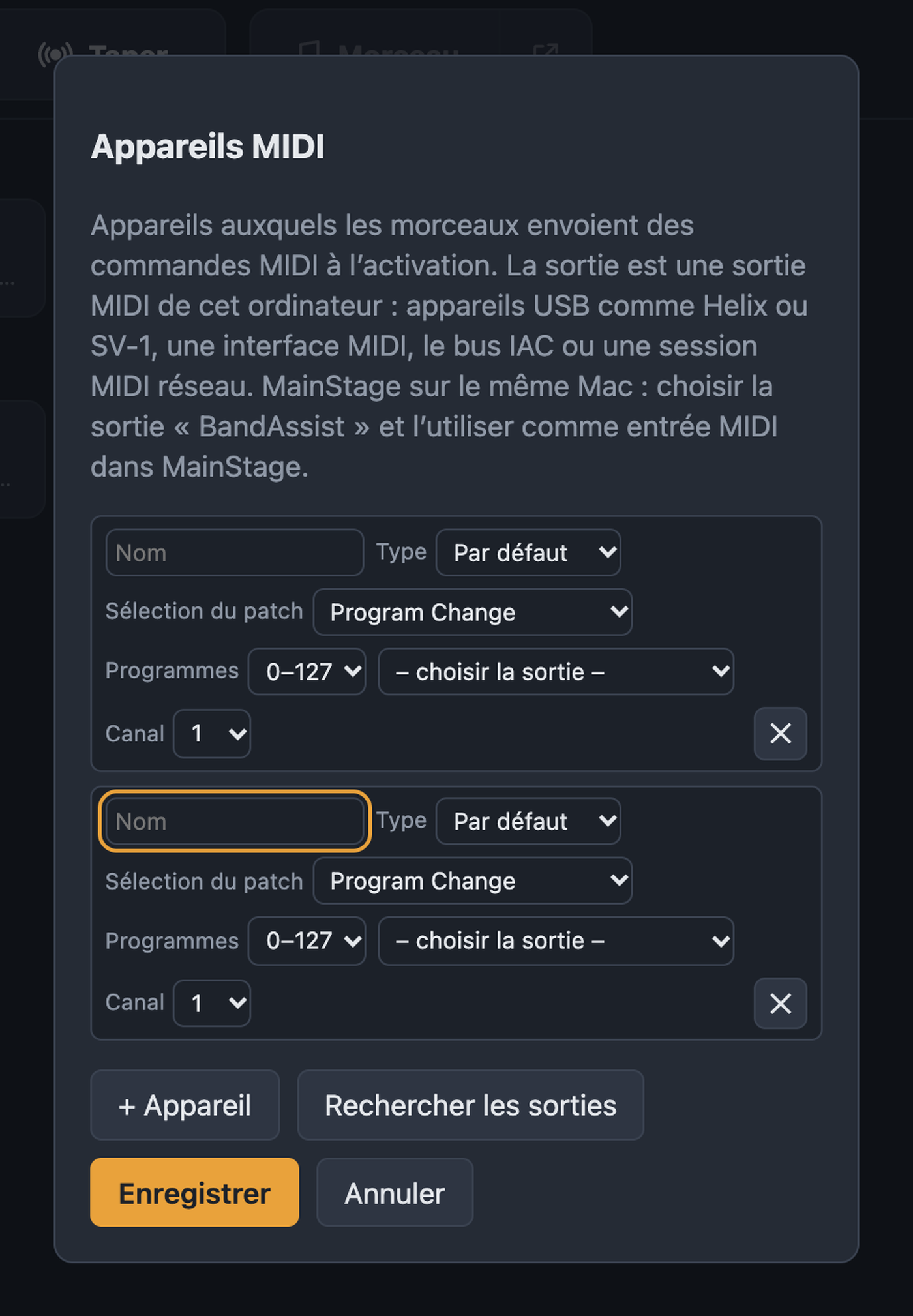 Dialogue Appareils MIDI avec nom, type, sélection du patch, sortie et canal