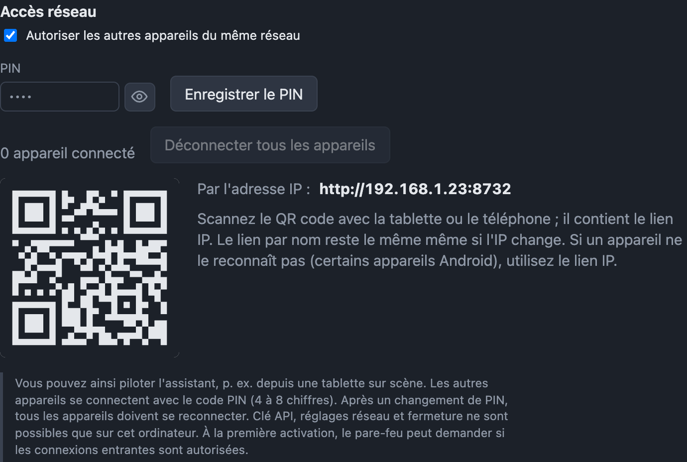 Réglages Réseau avec accès, code PIN, liens et QR code