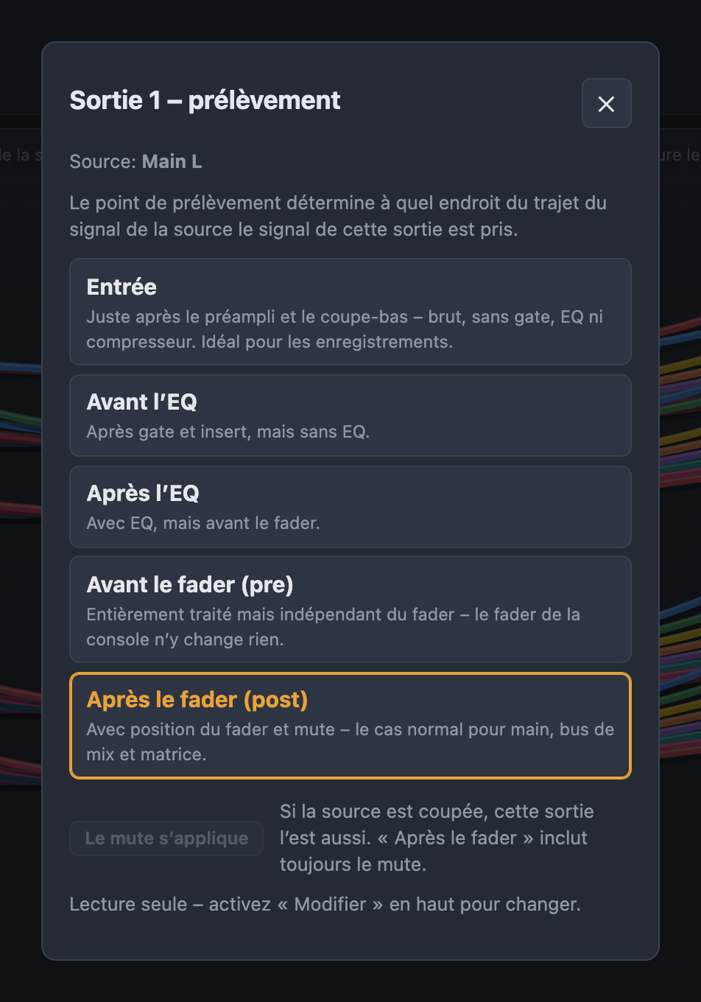 Dialogue Point de prélèvement avec explication d’entrée, avant et après EQ, avant et après fader, et Le mute s’applique