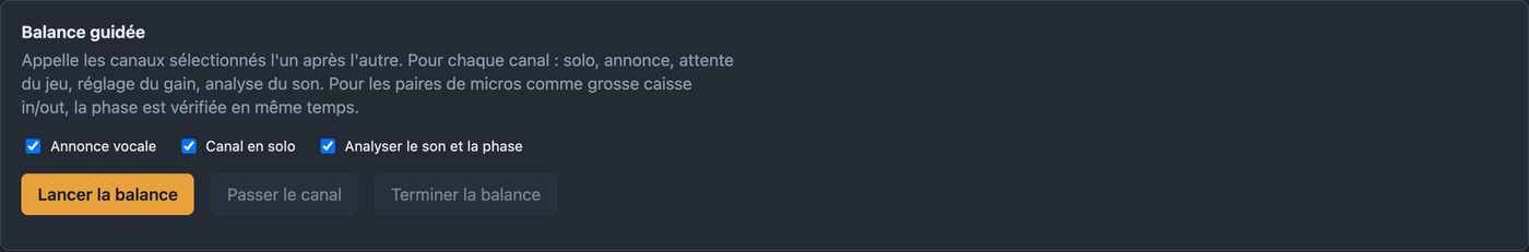 Onglet Balance avec options et bouton de démarrage