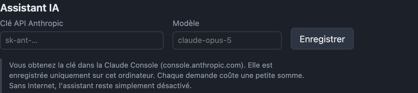 Réglages IA avec clé API et modèle