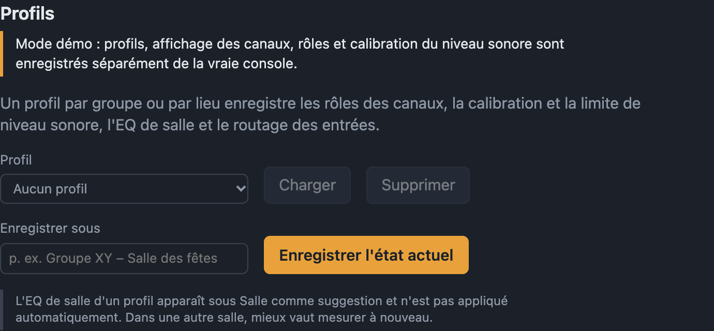 Réglages Profils avec sélection, Charger, Supprimer et Enregistrer sous