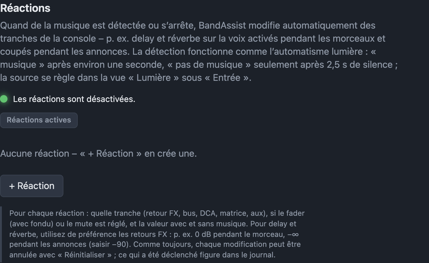 Réglages Réactions avec état et règles