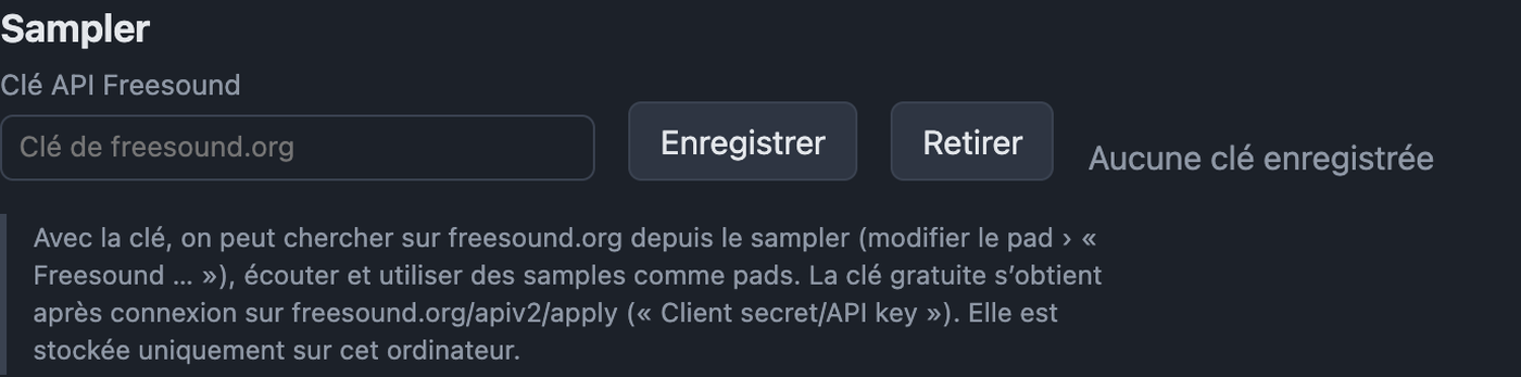 Réglages Sampler avec clé API Freesound