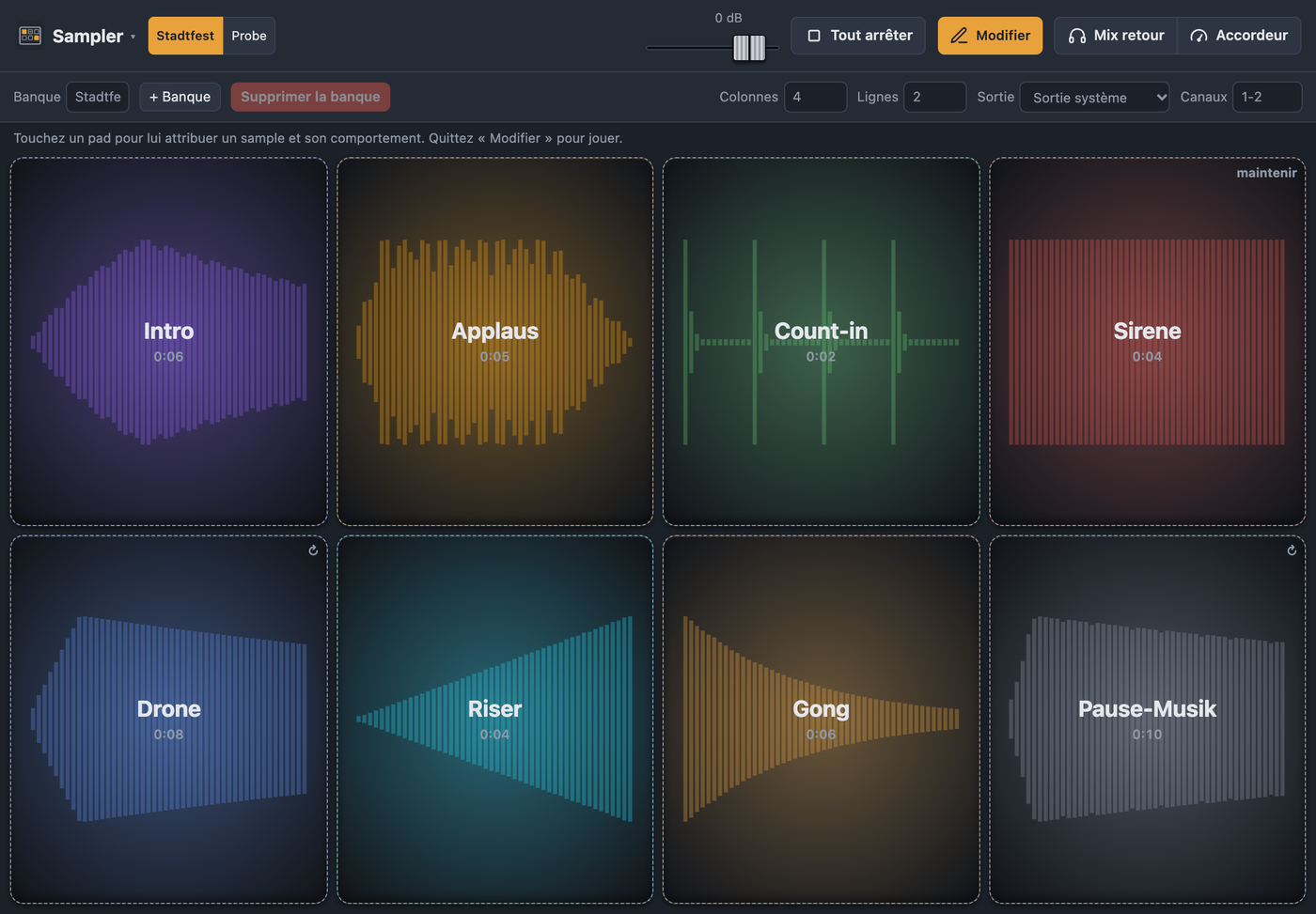 Sampler en mode modification avec banque, grille et sortie