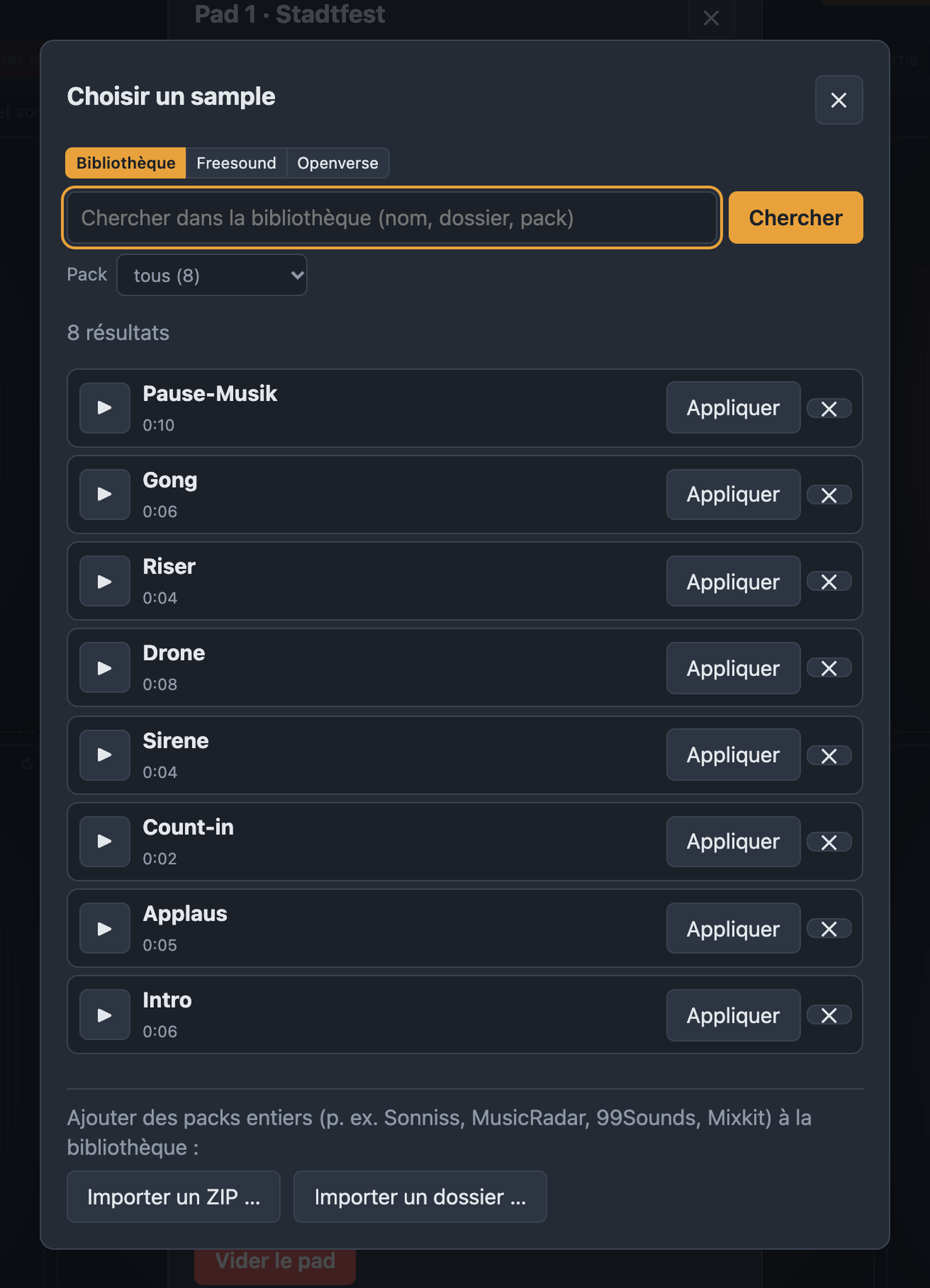Dialogue Choisir un sample avec bibliothèque, recherche, filtre de pack et import