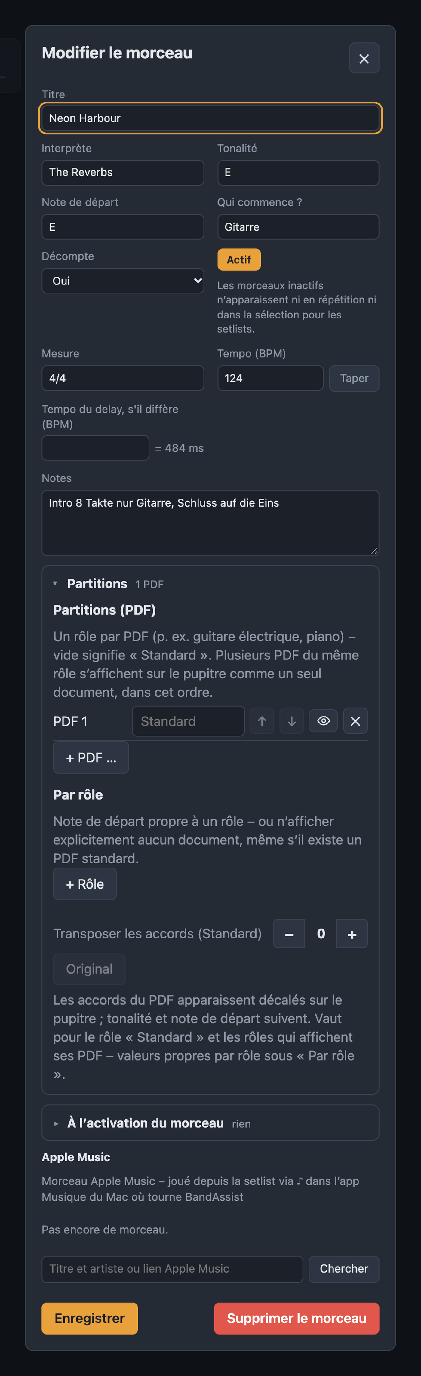 Dialogue Modifier le morceau avec titre, interprète, tonalité, tempo et section Partitions
