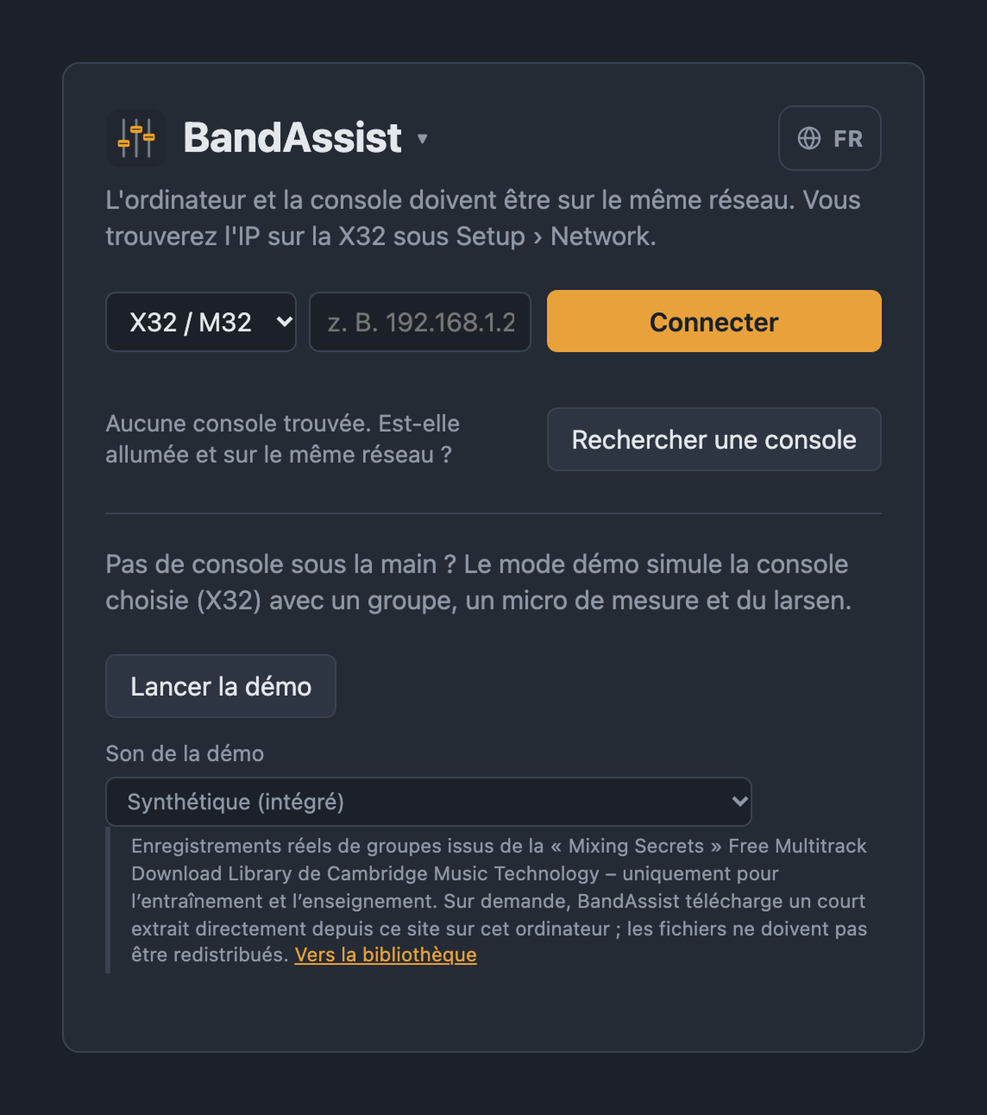 Page d’accueil de Bandimo avec choix de la console, champ IP, recherche de console et mode démo
