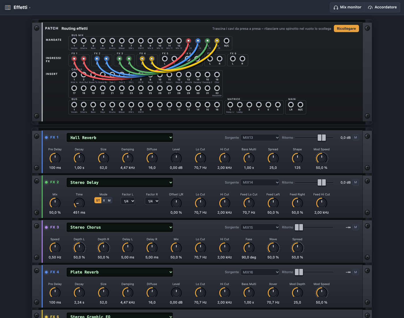 Patchbay aperta con mandate, ingressi FX, punti di insert e cavi