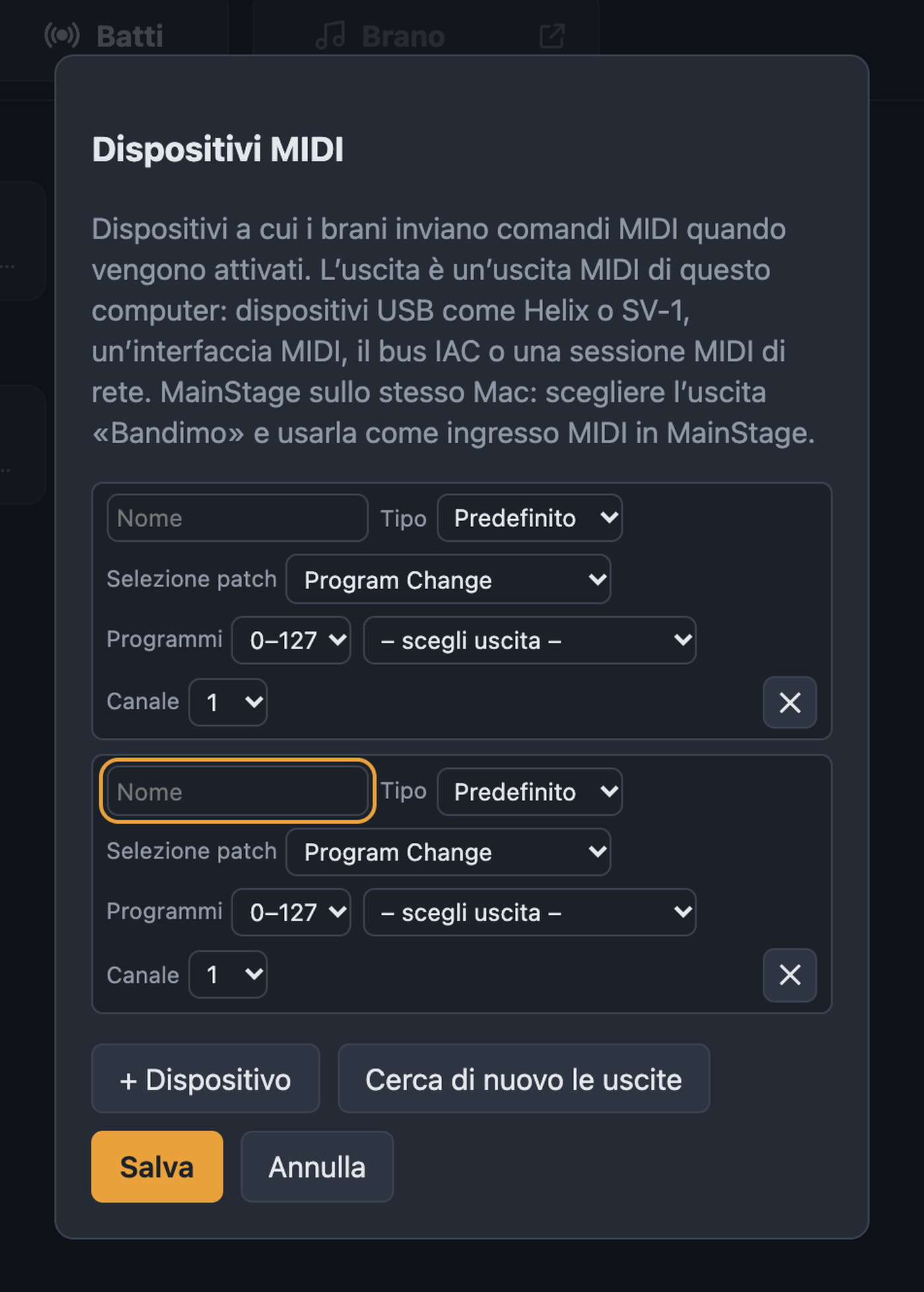 Finestra Dispositivi MIDI con nome, tipo, selezione patch, uscita e canale