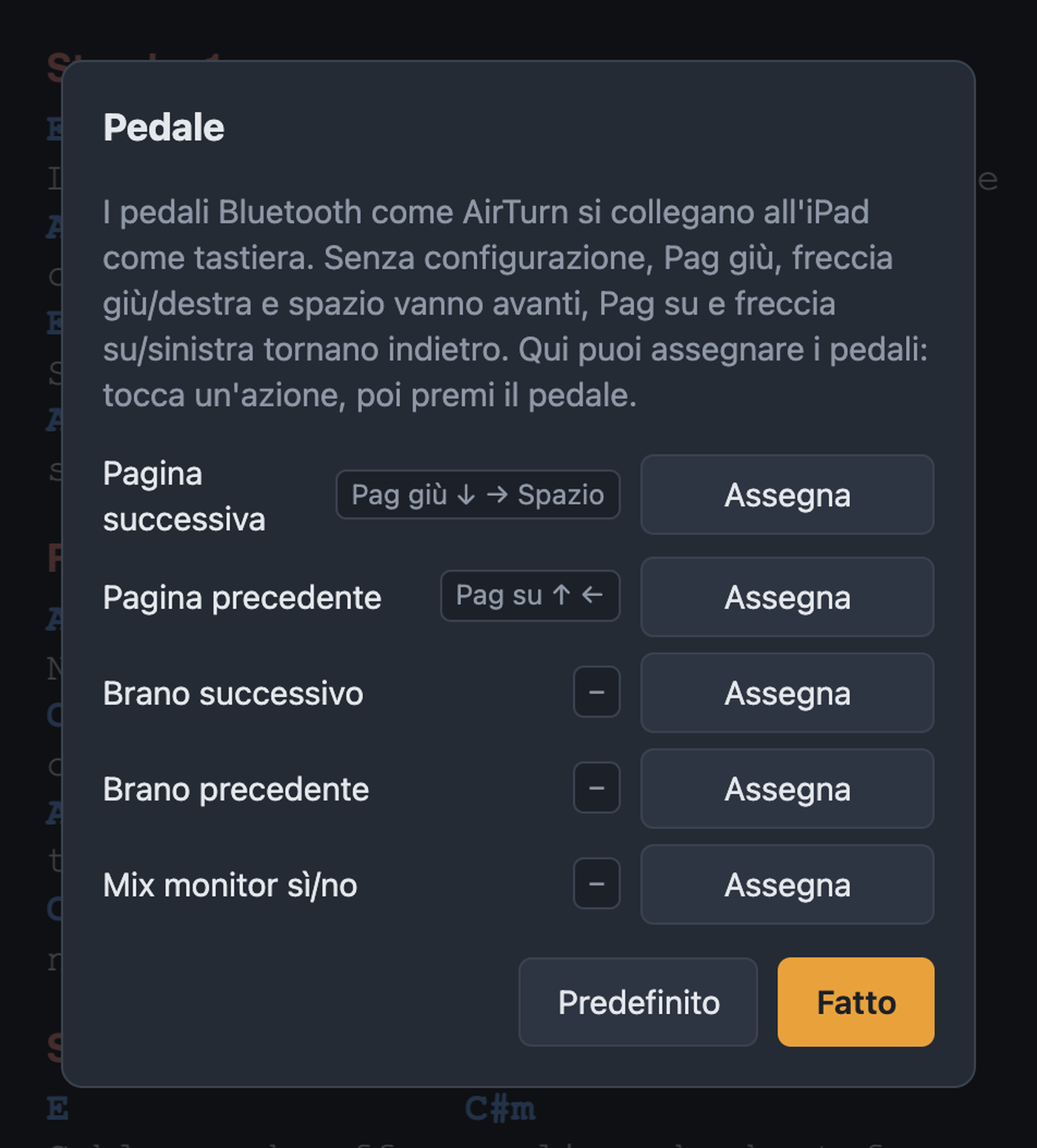 Finestra Pedale con assegnazione per pagina, brano e mix monitor