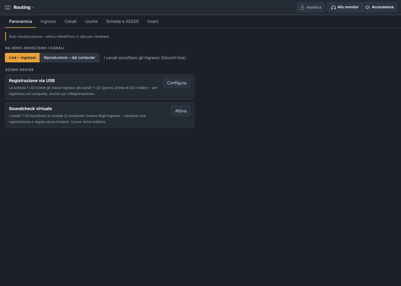 Routing Panoramica con live/riproduzione e azioni rapide