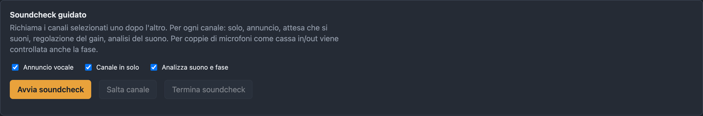 Scheda Soundcheck con opzioni e pulsante di avvio