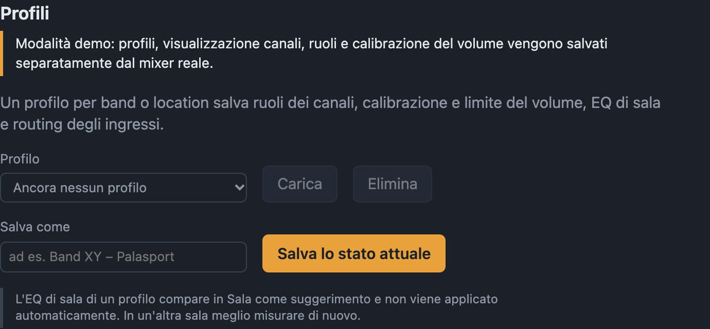 Impostazioni Profili con selezione, Carica, Elimina e Salva come