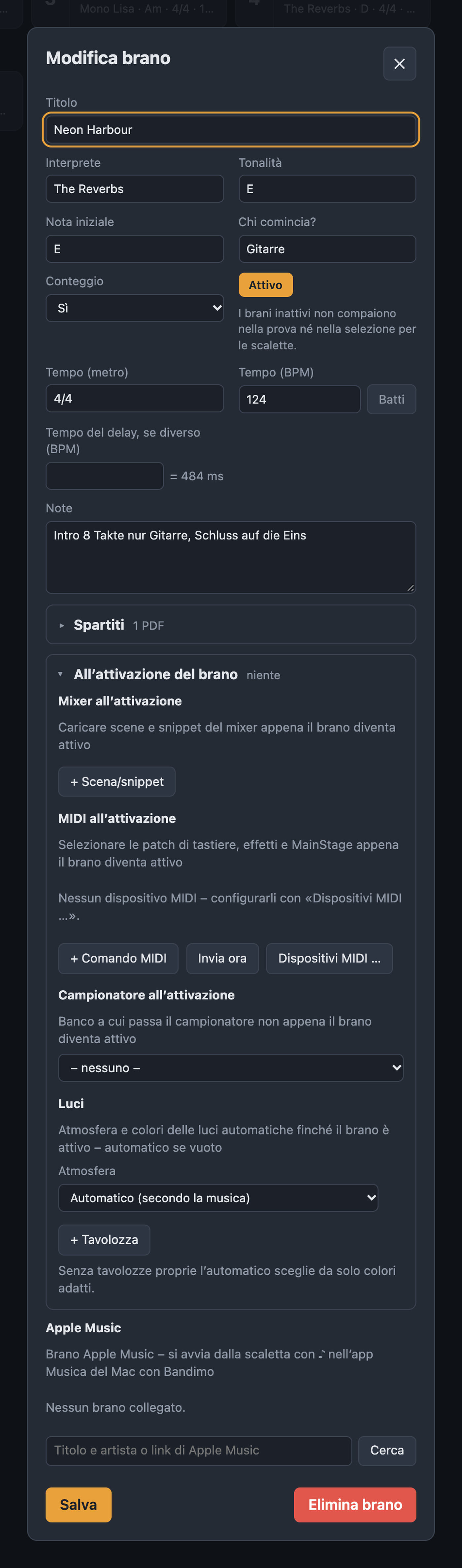 Sezione All'attivazione del brano con mixer, MIDI, campionatore, luci e Apple Music