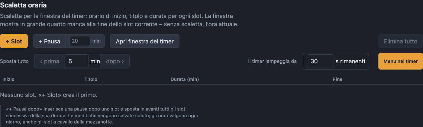 Impostazioni Scaletta oraria con slot, pause e impostazioni